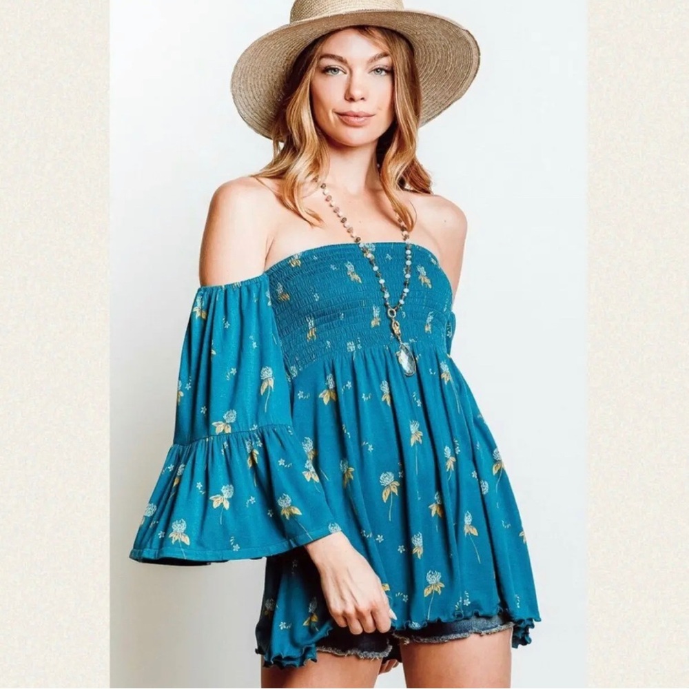 Free People Lana Floral Tunic Off Shoulder Smocked Bohemian Flowy Bell Sleeves